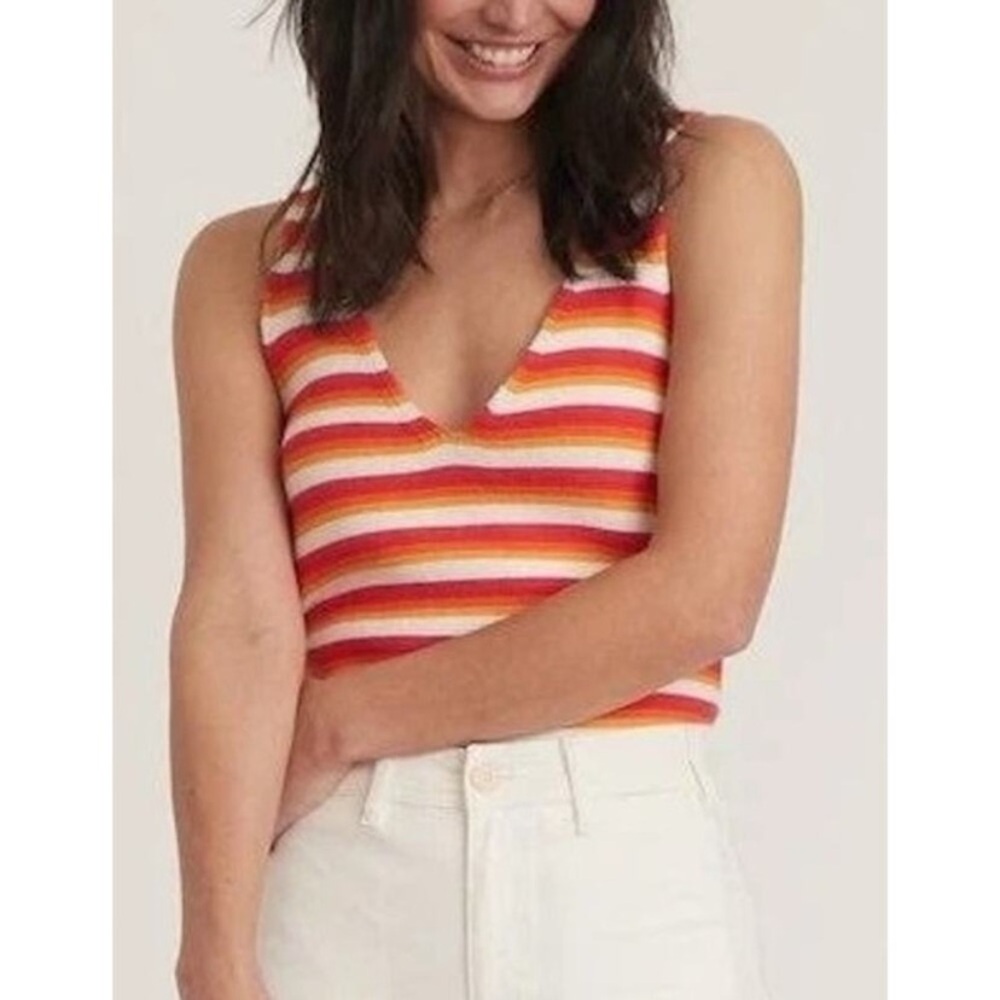 Marine Layer small Finley Tank Knit Sleeveless V-Neck Sweater Top Sunset Stripe